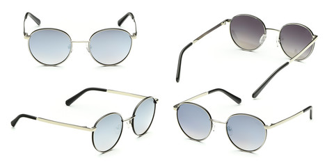 Set Retro blue sunglasses in round frame isolated on white background. Vintage fashion sunglasses....