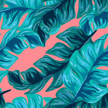 Tropical seamless pattern with banana leaves. Tropical leaves. Turquoise tropical leaves.