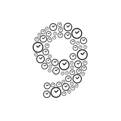 Alphabet set letter number nine or 9, Clock pattern, Time system concept design illustration isolated on white background, vector eps 10