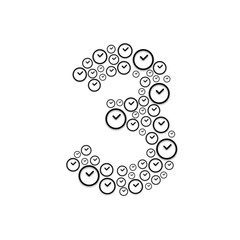 Alphabet set letter number three or 3, Clock pattern, Time system concept design illustration isolated on white background, vector eps 10