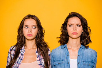 Close up photo of frustrated irritated beautiful ladies fellows fellowship have disagreement...