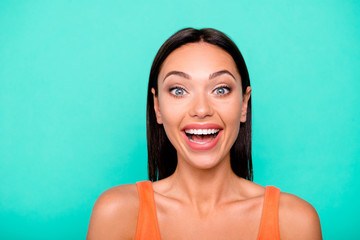 Closeup photo portrait of nice positive optimistic glad she her lady with open mouth white beaming smile isolated pastel background