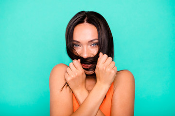 Close up photo portrait of charming humorous nice pretty with perfect strong hairdo she her lady...