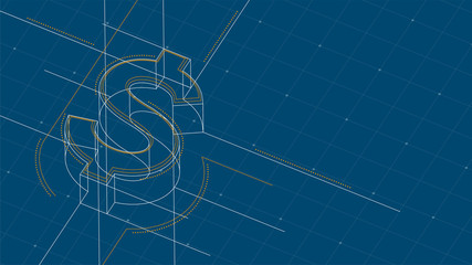 Currency USD (United States Dollars) isometric symbol dot and dash line frame structure pattern wireframe, Digital money cryptocurrency concept illustration isolated on blue background with space