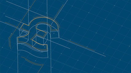 Currency GBP (Pound Sterling) isometric symbol dot and dash line frame structure pattern wireframe, Digital money cryptocurrency concept illustration isolated on blue background with space