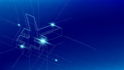 Currency JPY (Japanese Yen) isometric symbol particle line lighting pattern wireframe futuristic, Digital money cryptocurrency concept illustration isolated on blue gradients background with space