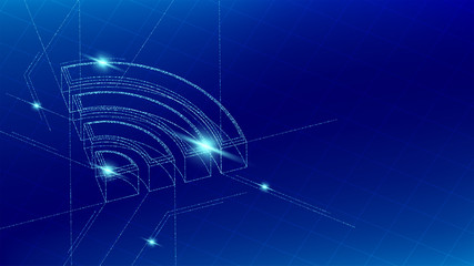 Wifi symbol isometric symbol particle line lighting pattern wireframe futuristic, Internet connect concept illustration isolated on blue gradients background with copy space, vector