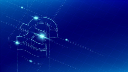 Currency GBP (Pound Sterling) isometric symbol particle line lighting pattern wireframe futuristic, Digital money cryptocurrency concept illustration isolated on blue gradients background