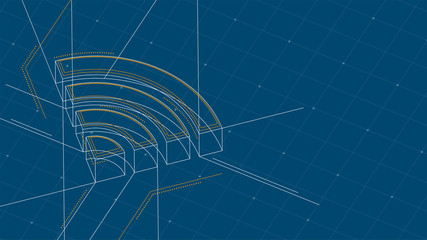 Wifi symbol isometric symbol dot and dash line frame structure pattern wireframe, Internet connect concept illustration isolated on blue background with space