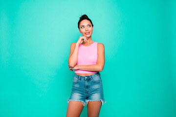 Fototapeta na wymiar Photo portrait of confident positive excited cheerful fit nice she her lady holding hand near chin crossed folded hands looking aside isolated pastel background