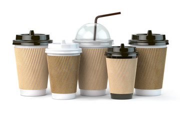 Set of coffee paper cups.Mockup template for cafe shop. Differnt types of coffee isolated on white background.