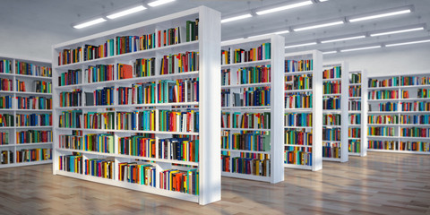 Library. Background from white  bookshelves with books and textbooks. Learning and education concept. - obrazy, fototapety, plakaty