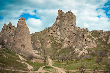 Naklejka na ściany i meble Turkish fortress Uchisar, landscape of Goreme in Cappadocia, Turkey.