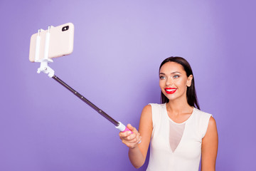 Close up photo beautiful amazing she her lady hold hands arms telephone metal stick make take...