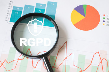 Business search magnifier GDPR Data Protection Regulation security chart web diagram.