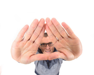 Fototapeta premium man two hands up on black background