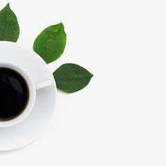 Flat lay , top view office table desk . Workspace with green leaf , and coffee cup on white background . Black strong coffee in white cup . Top view, space for text