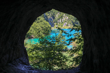 Look on the Plitvice Lakes National Park from inside a cave, Croatia