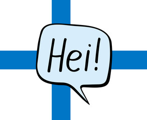 Greeting in the Finnish language. Speech bubble on the background of the flag of Finland