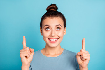 Close up photo beautiful she her lady hold arms hands fingers indicate look up empty space...