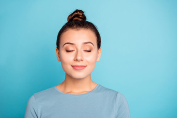 Close up photo beautiful amazing she her lady overjoyed expression eyes closed imaginary flight sweetheart peace world think thought yoga wear casual sweater pullover isolated blue bright background