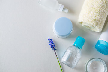 Skin care treatment cosmetics overhead flat lay