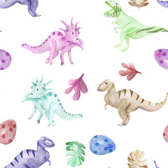 Seamless pattern on a children's theme watercolor dinosaurs on a white background for design