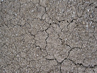 Cracked clay land, sand and pebbles
