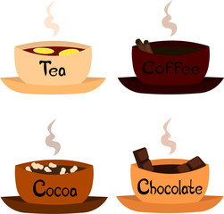 Set of hot drinks: coffee, tea, cocoa, chocolate. Design of the menu, cafe, coffee house, flyer, logo, print.