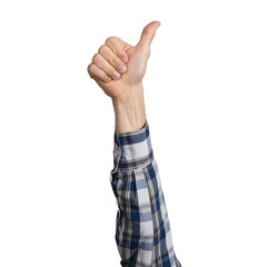 Man hand in checkered shirt showing thumb up