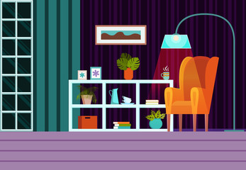 Living room in evening with furniture, window and curtains. Modern flat cartoon style vector illustration. Interior background with armchair, lamp. On the shelving are photo frames, plants, dishes