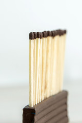 row of wooden matches ready to burn together, side view, short focus