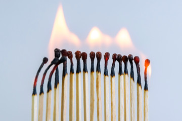 row of wooden matches glows, several embers are smoldering, small flames