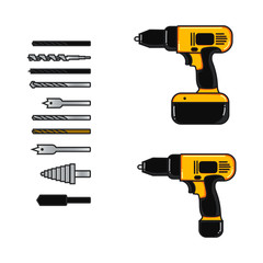 set of vector illustration cordless drill with complete bits flat design
