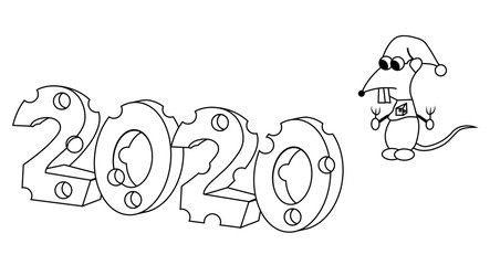 2020 in cheese shape with hungry character outline. Year of the rat. Isolated stock vector illustration