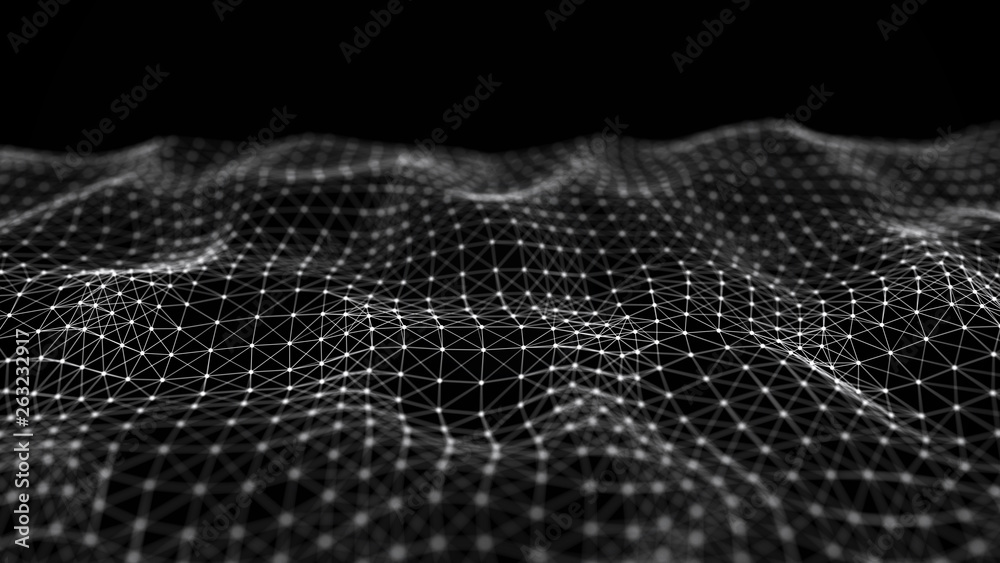 Fototapete Wave of interlacing points and lines. Abstract background. Technological style for science, big data.3d rendering.
