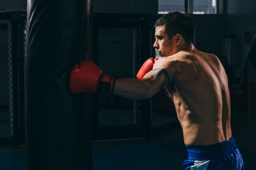 Plakat Handsome determinated bare chested male boxer in red gloves getting prepared for big fight, doing cardio boxing workout with punching bag in empty dark gym. Sport, challenge victory, workout.