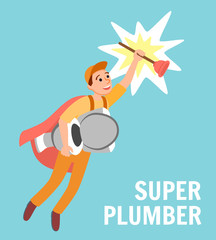 Cartoon Superhero Repairman with Toilet Plunger