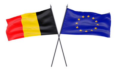 Belgium and EU, two crossed flags isolated on white background. 3d image