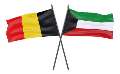 Belgium and Kuwait, two crossed flags isolated on white background. 3d image