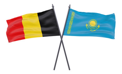 Belgium and Kazakhstan, two crossed flags isolated on white background. 3d image