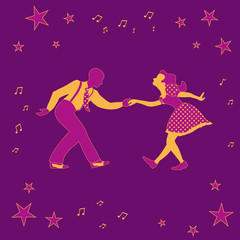 Swing dance couple silhouette with outline, with stars and notes. Black man with tie and suspenders and white woman in dress with dot pattern.
