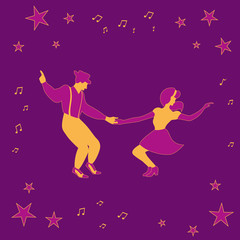 Swing dance couple with musical notes and stars