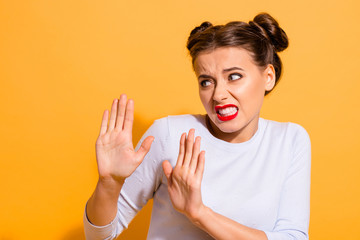 Close-up portrait of her she nice-looking attractive lovely glamorous girl showing palms rejecting...
