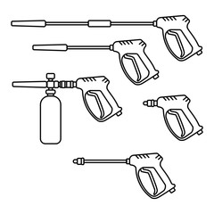 set of vector illustration pressure washer machine electric with spray gun equipment flat design silhouette style