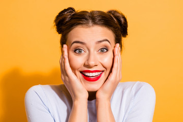 Close-up portrait of her she nice-looking attractive lovely fascinating winsome cheerful cheery optimistic girl isolated over bright vivid shine yellow background