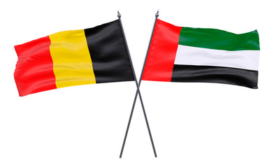 Belgium and UAE, two crossed flags isolated on white background. 3d image