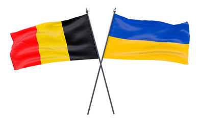 Belgium and Ukraine, two crossed flags isolated on white background. 3d image