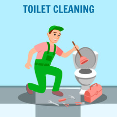 Man Plumber Plunger in Hand Repair Toilet