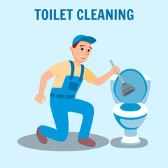 Plumber in Uniform with Plunger Clean Toilet Bowl